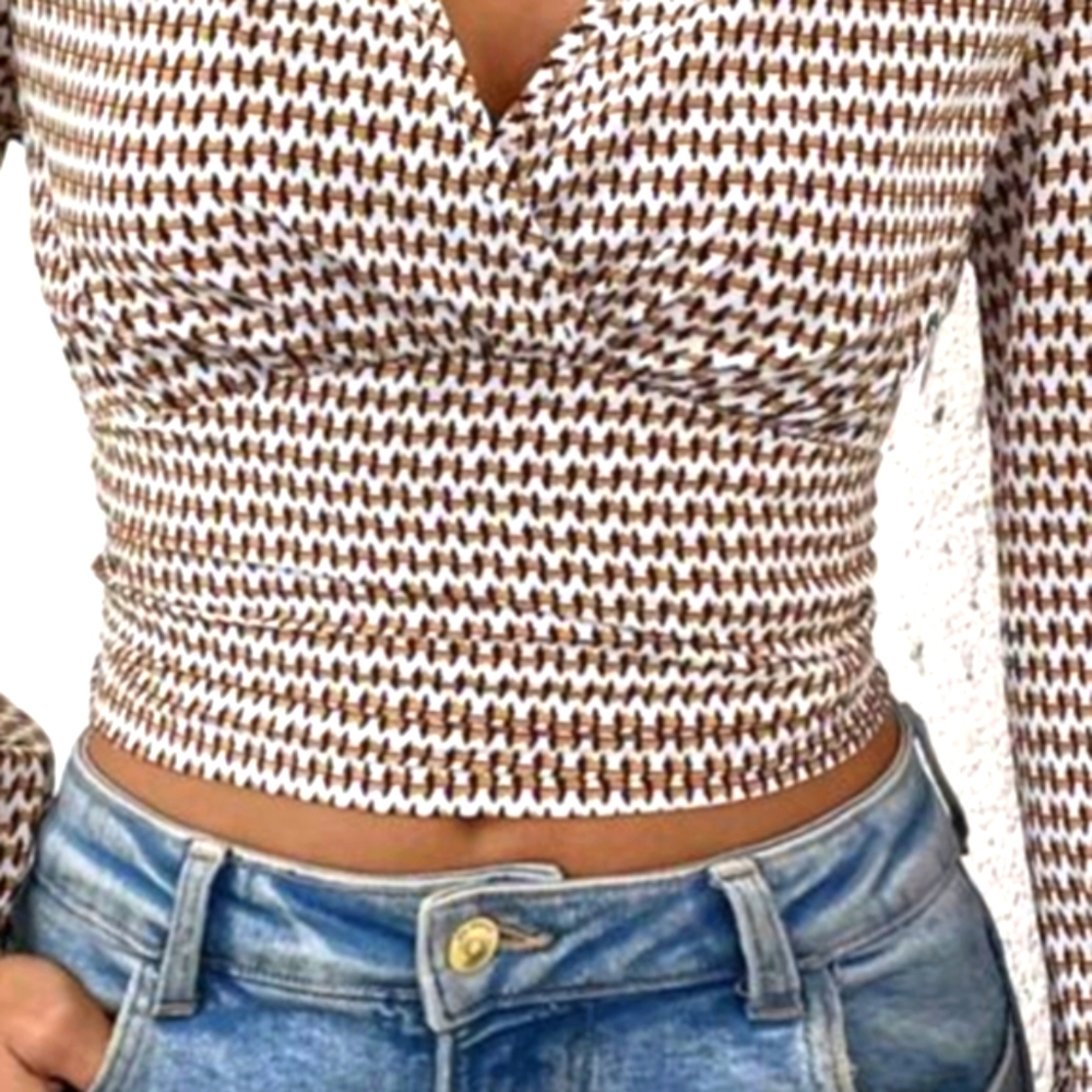 Bohemian Blouse Brown White Houndstooth Print Lantern Long Sleeve Fall Top - Picture 6 of 10